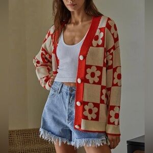 By together checkered flower cardigan sweater